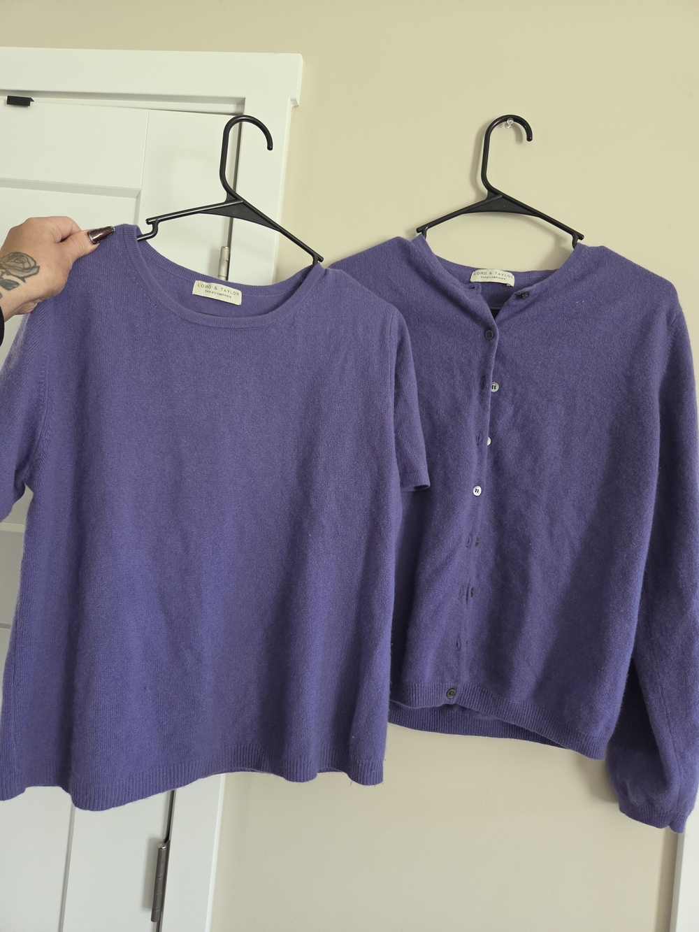 Lord & Taylor 100% Cashmere 2-Ply Sweater Set Purple Size S Small Button Cardiga